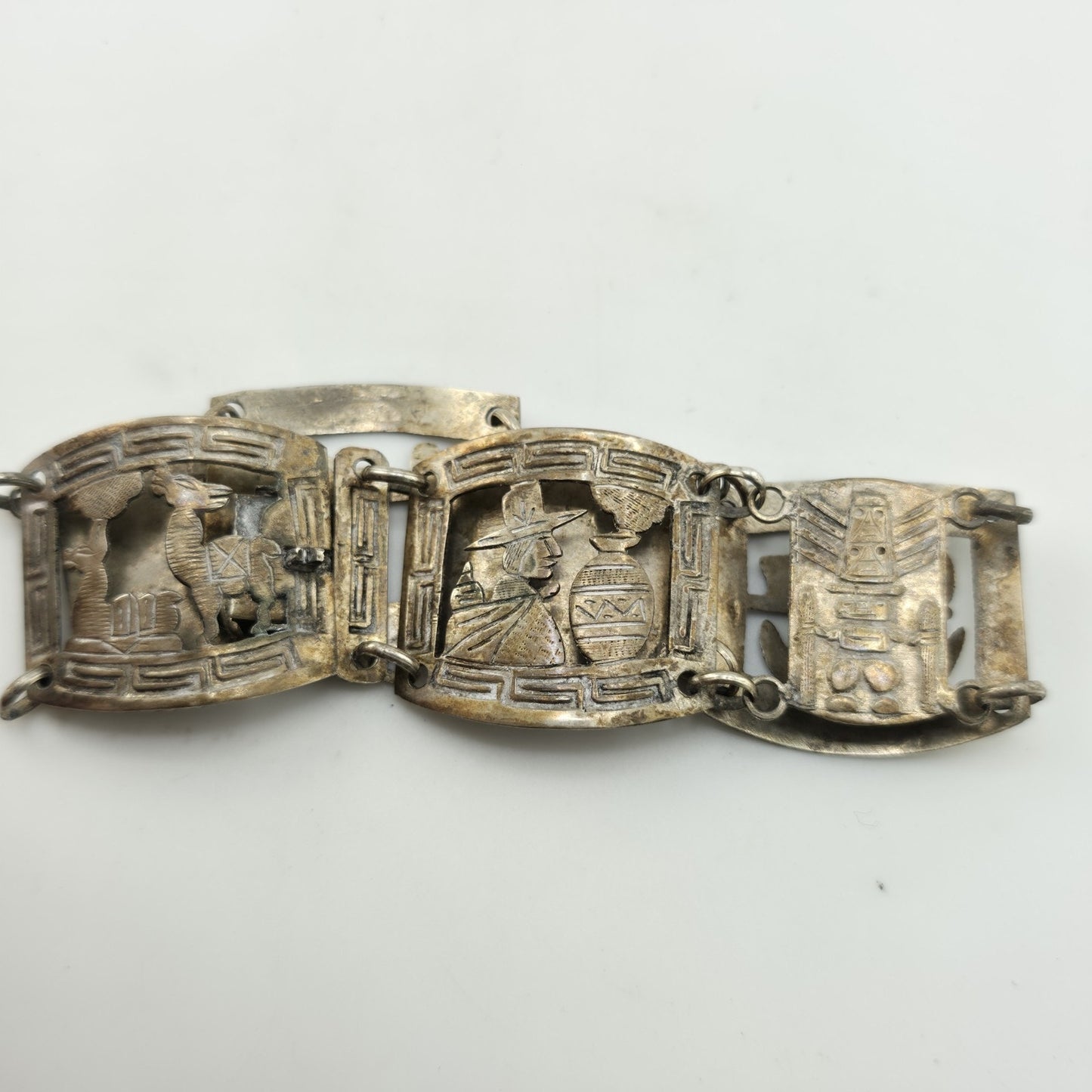 Vintage Sterling Peruvian Story Panel Link Bracelet Cultural Motif Design 15.5g