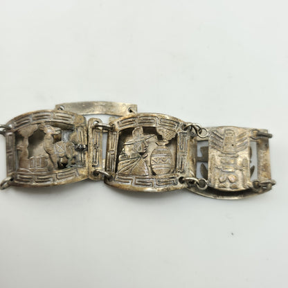 Vintage Sterling Peruvian Story Panel Link Bracelet Cultural Motif Design 15.5g