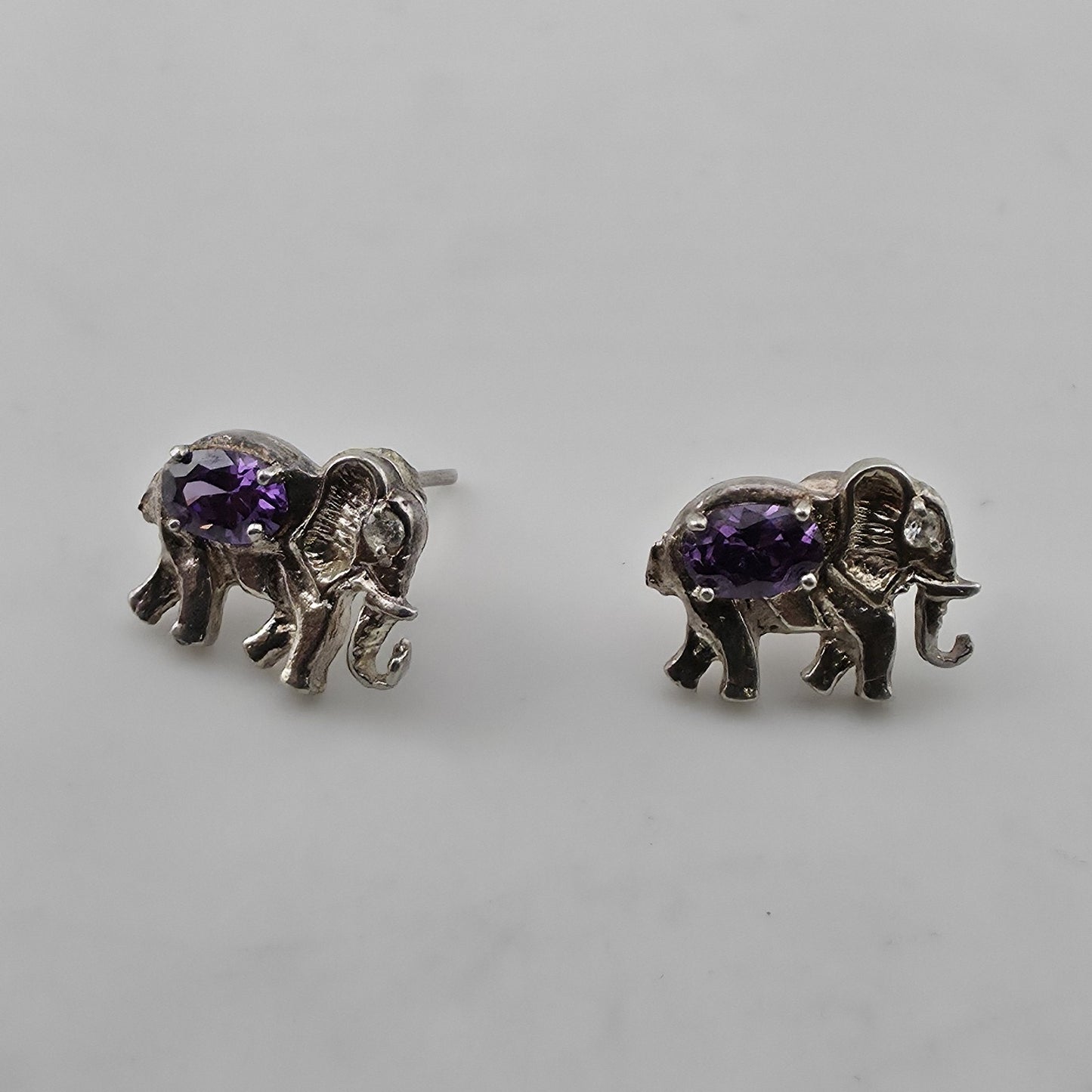 Vintage 925 Sterling Silver Elephant Stud Earrings Amethyst Purple Animal Jewelr