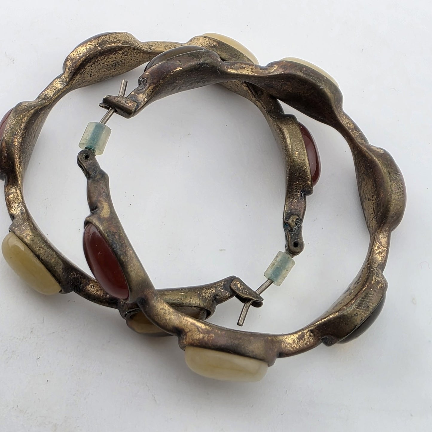 Vintage Gold Tone Hoop Earrings Multi Stone Cabochon Boho 34mm Fashion Jewelry