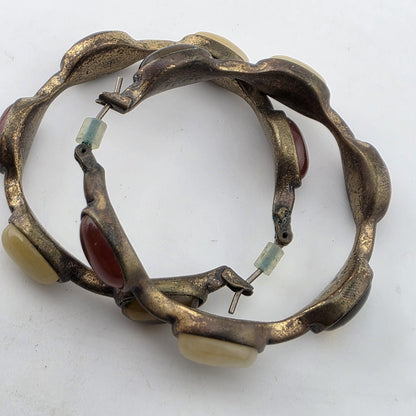 Vintage Gold Tone Hoop Earrings Multi Stone Cabochon Boho 34mm Fashion Jewelry