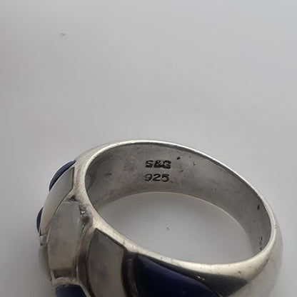 Vintage Sterling Silver Blue White Inlay Ring Size 6 Thailand 925 Mosaic Dome