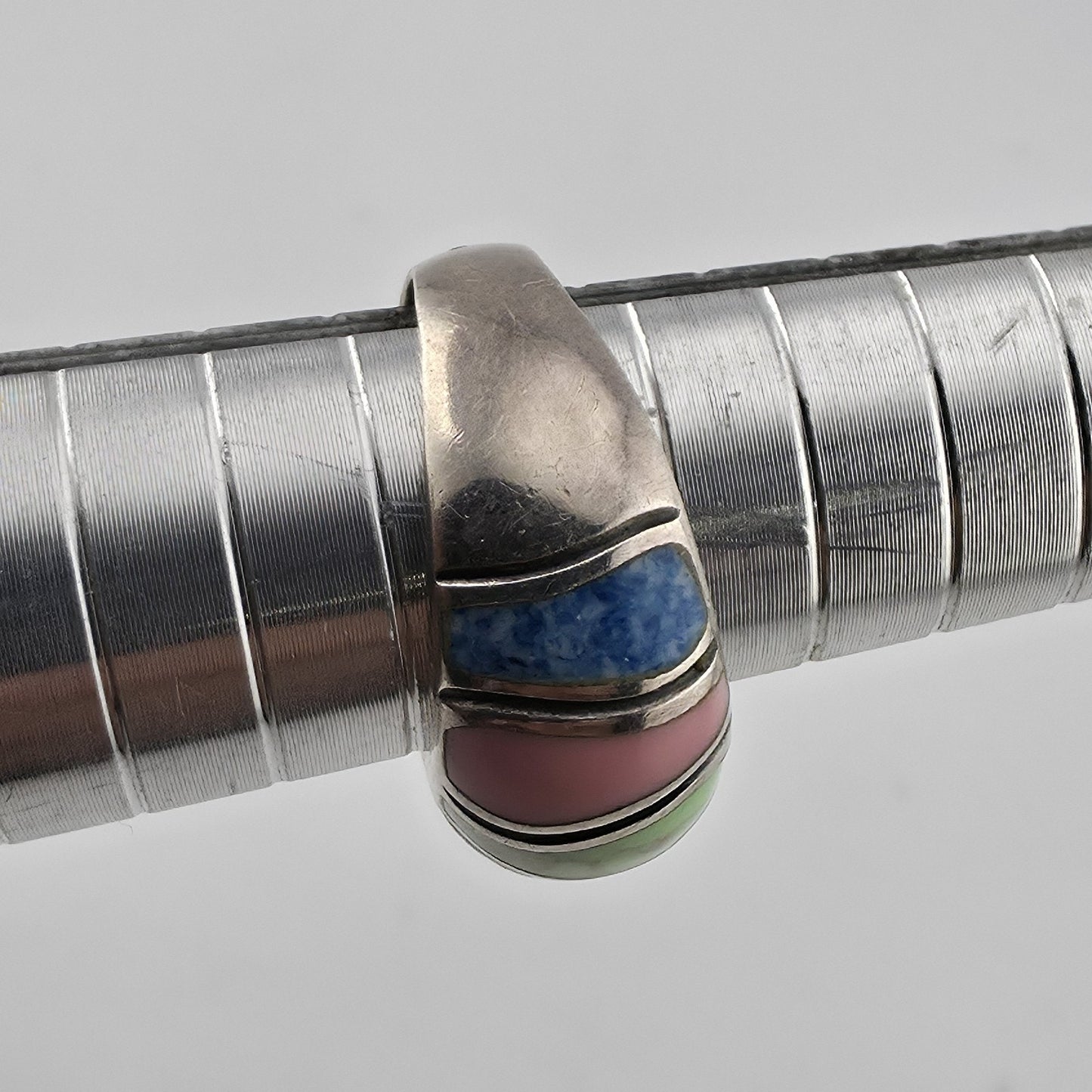 Sterling Silver Multi Color Inlay Ring Southwestern Style Dome Size 5.5