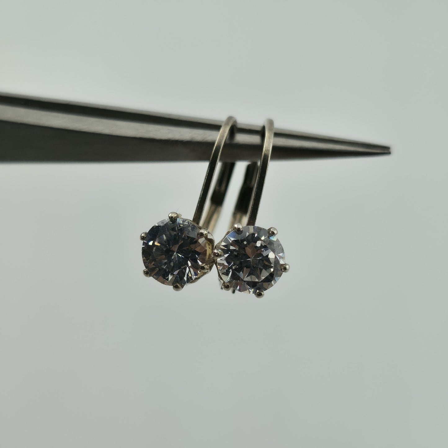 Vintage 925 Sterling Silver CZ Leverback Earrings Clear Round Solitaire Jewelry