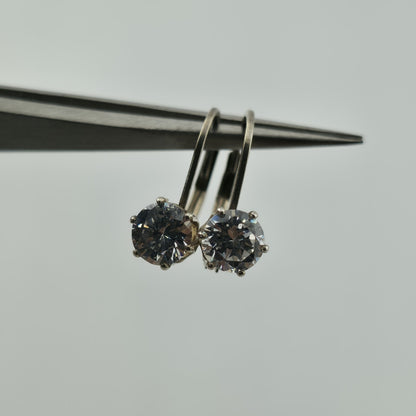 Vintage 925 Sterling Silver CZ Leverback Earrings Clear Round Solitaire Jewelry