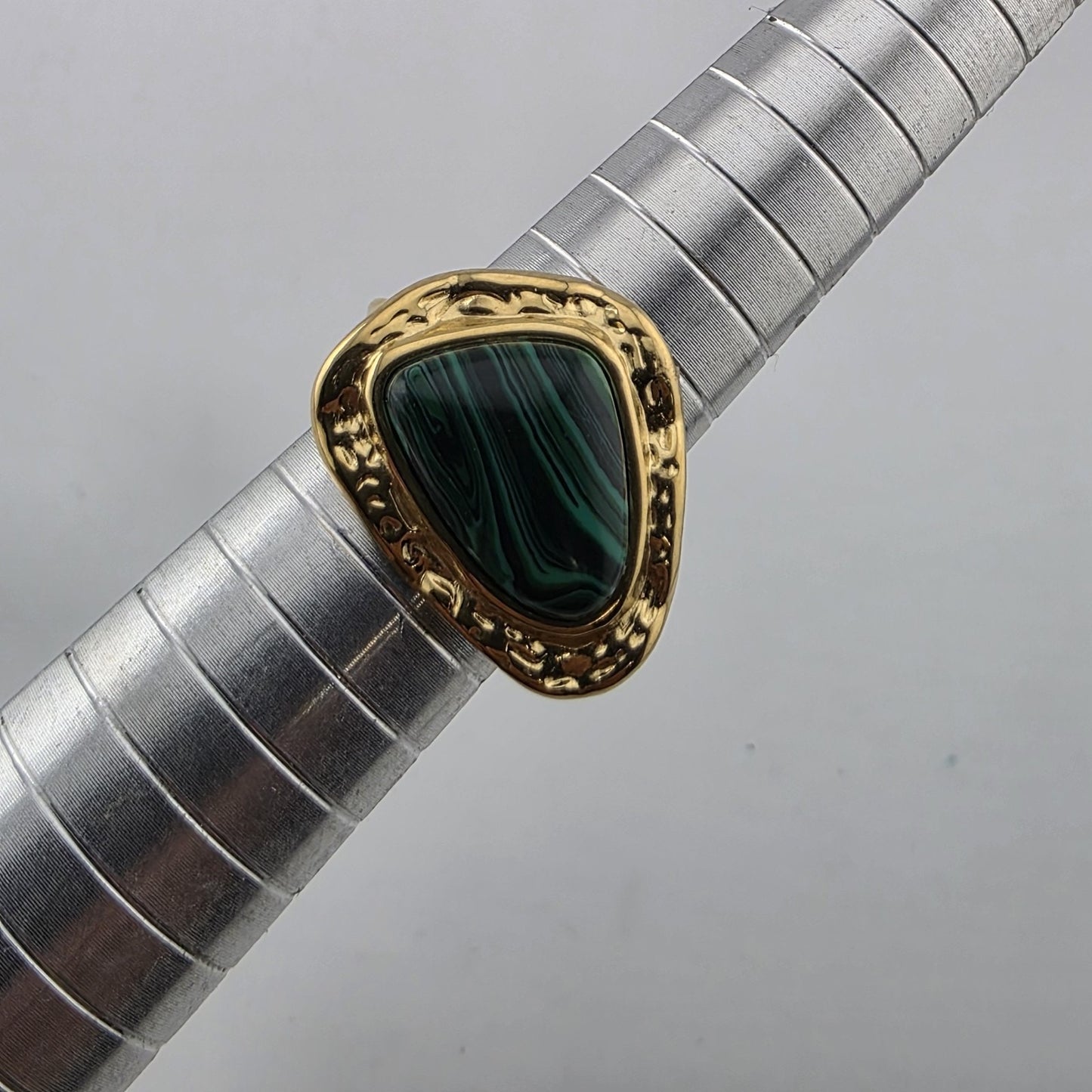 Green Malachite Style Adjustable Ring Gold Tone Stainless Steel Statement