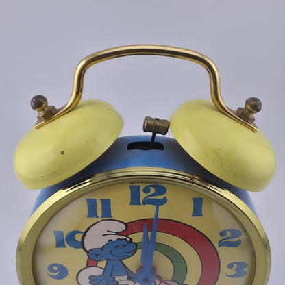 Smurf Double Bell Alarm Clock Bradley Time Blue Yellow Tested Runs Vintage