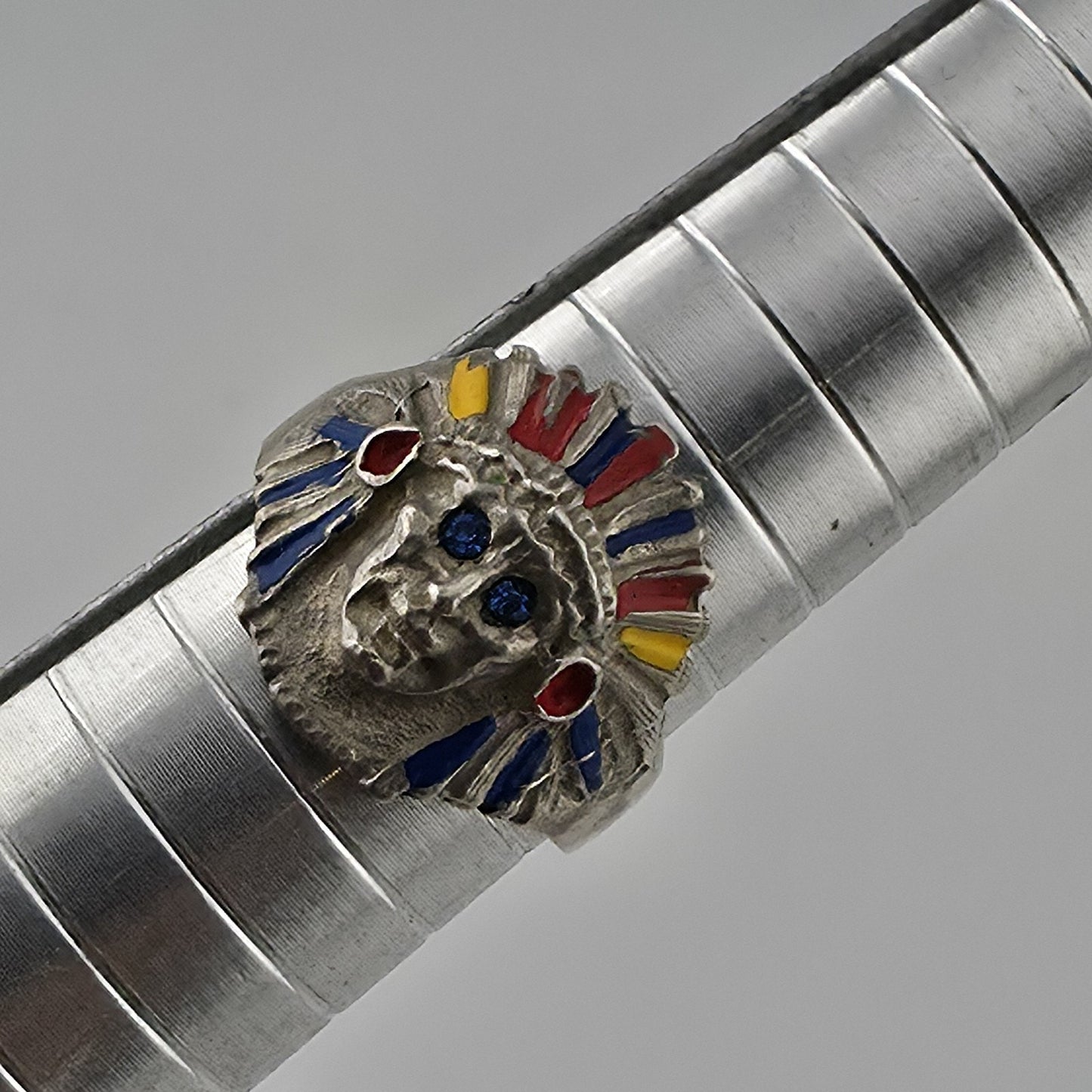 Vintage 925 Sterling Silver Enamel Chief Head Ring Native Blue Stone Eyes 7.5