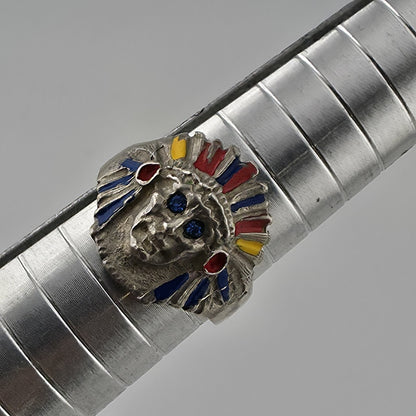 Vintage 925 Sterling Silver Enamel Chief Head Ring Native Blue Stone Eyes 7.5