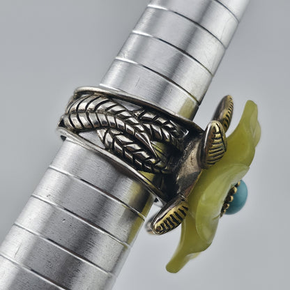 Sterling Silver Bronze Flower Ring Size 7 Yellow Floral Turquoise Cabochon 925