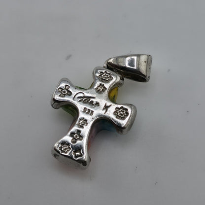 Allan K Sterling Silver Murano Millefiori Glass Cross Pendant Floral Mosaic