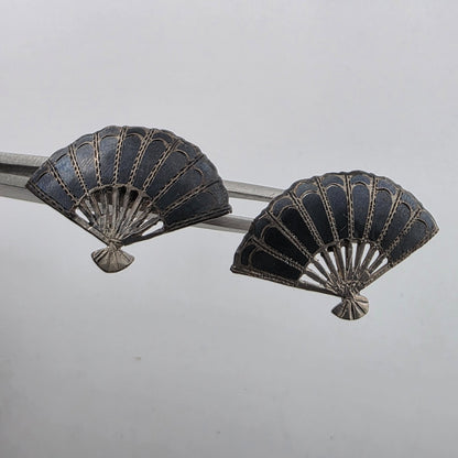 Vintage Siam Sterling Silver Niello Fan Screw Back Earrings Made In Siam Thai