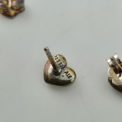 Pandora 925 ALE Sterling Silver Heart Stud Earrings Patina