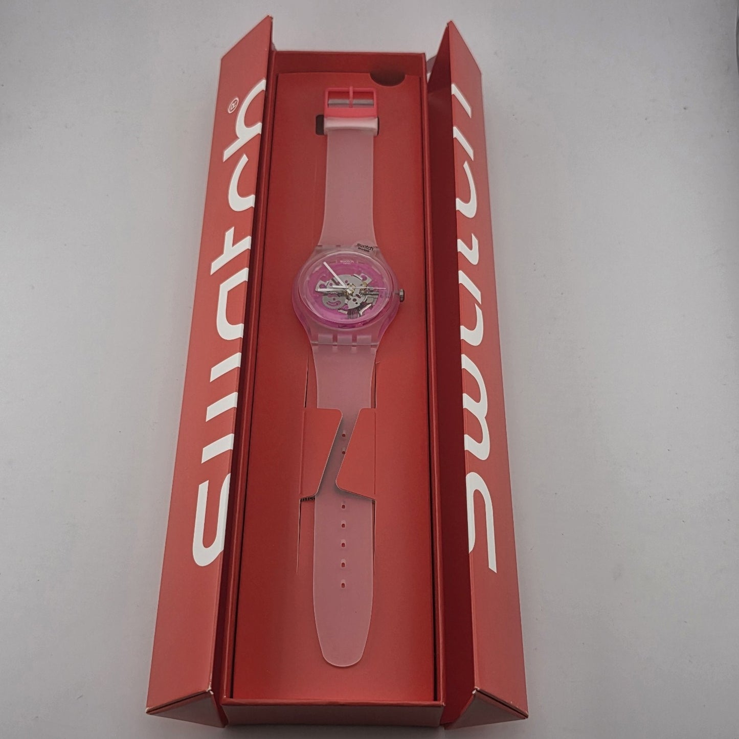 Rare Swatch Swiss PINKMAZING New Gents PINK SKELETON DIAL Silicone Strap 41MM