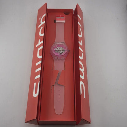 Rare Swatch Swiss PINKMAZING New Gents PINK SKELETON DIAL Silicone Strap 41MM