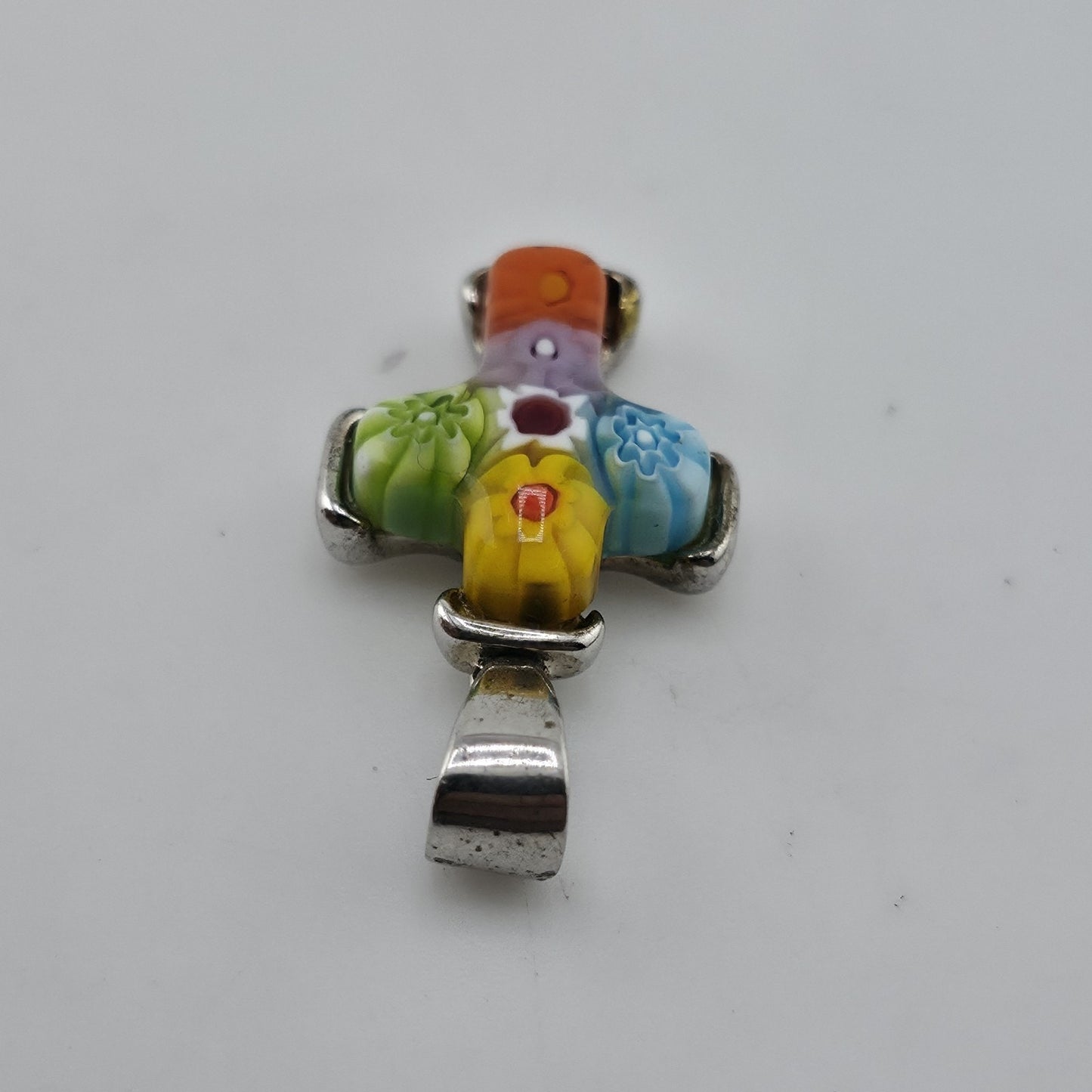 Allan K Sterling Silver Murano Millefiori Glass Cross Pendant Floral Mosaic