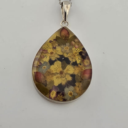 Vintage ATI Mexico 925 Sterling Silver Pressed Flower Resin Pendant Necklace 18