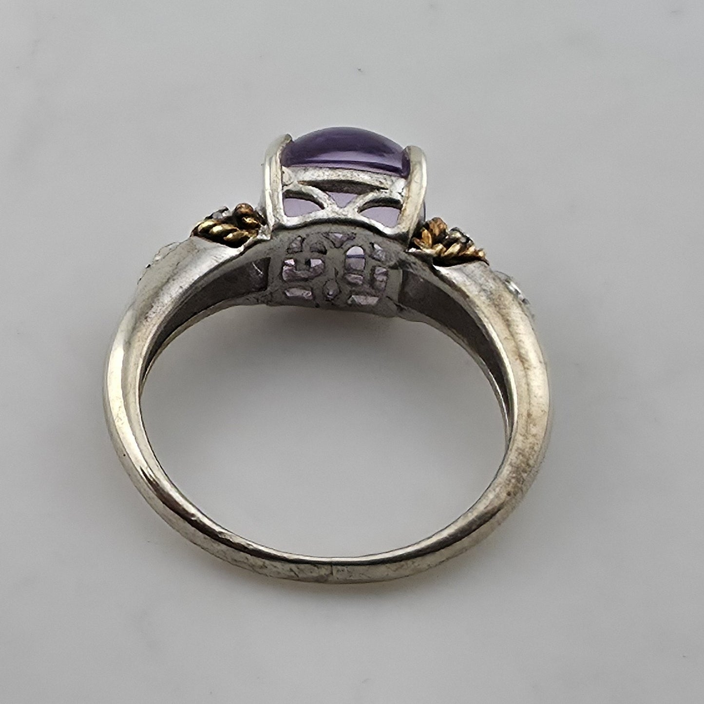Sterling Silver & 18K Amethyst Cabochon Ring Designer Signed P G Size 5.75
