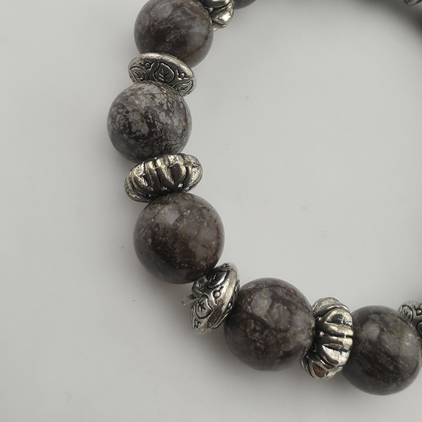 Bali Silver Tone Coffee Bean Jasper Beaded Stretch Bracelet 6" Jewelry