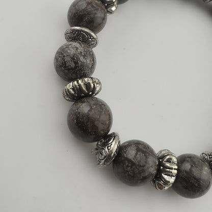 Bali Silver Tone Coffee Bean Jasper Beaded Stretch Bracelet 6" Jewelry