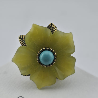 Sterling Silver Bronze Flower Ring Size 7 Yellow Floral Turquoise Cabochon 925