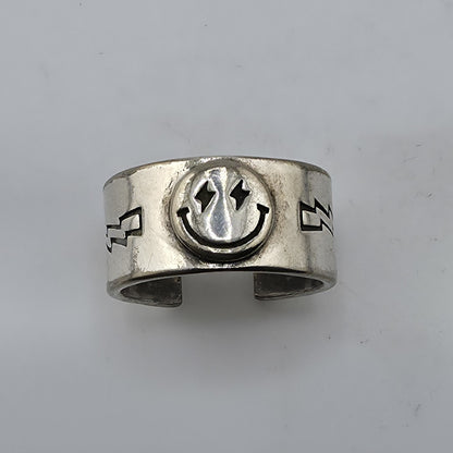 Sterling Silver 925 Smiley Face Ring Size 9 Wide Band Lightning Star Vintage