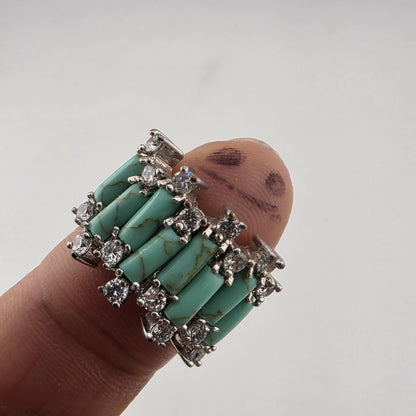 Silver Tone Faux Turquoise & Clear Stone Statement Ring Size 8 Costume fashion