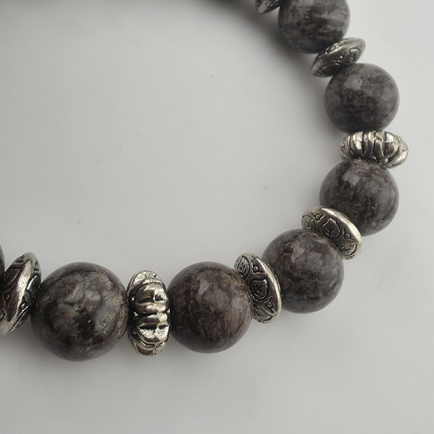 Bali Silver Tone Coffee Bean Jasper Beaded Stretch Bracelet 6" Jewelry