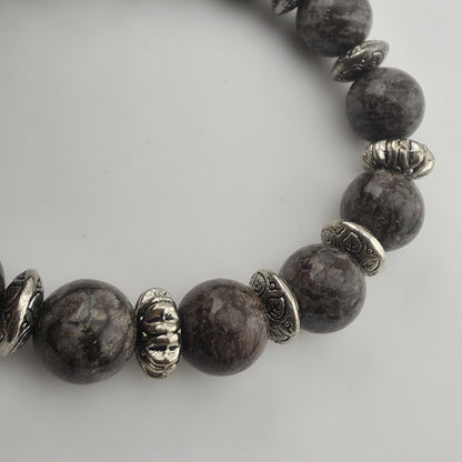 Bali Silver Tone Coffee Bean Jasper Beaded Stretch Bracelet 6" Jewelry