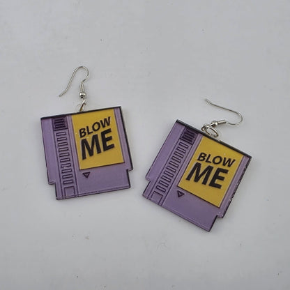 Vintage Style Purple NES Game Cartridge “Blow Me” Dangle Earrings