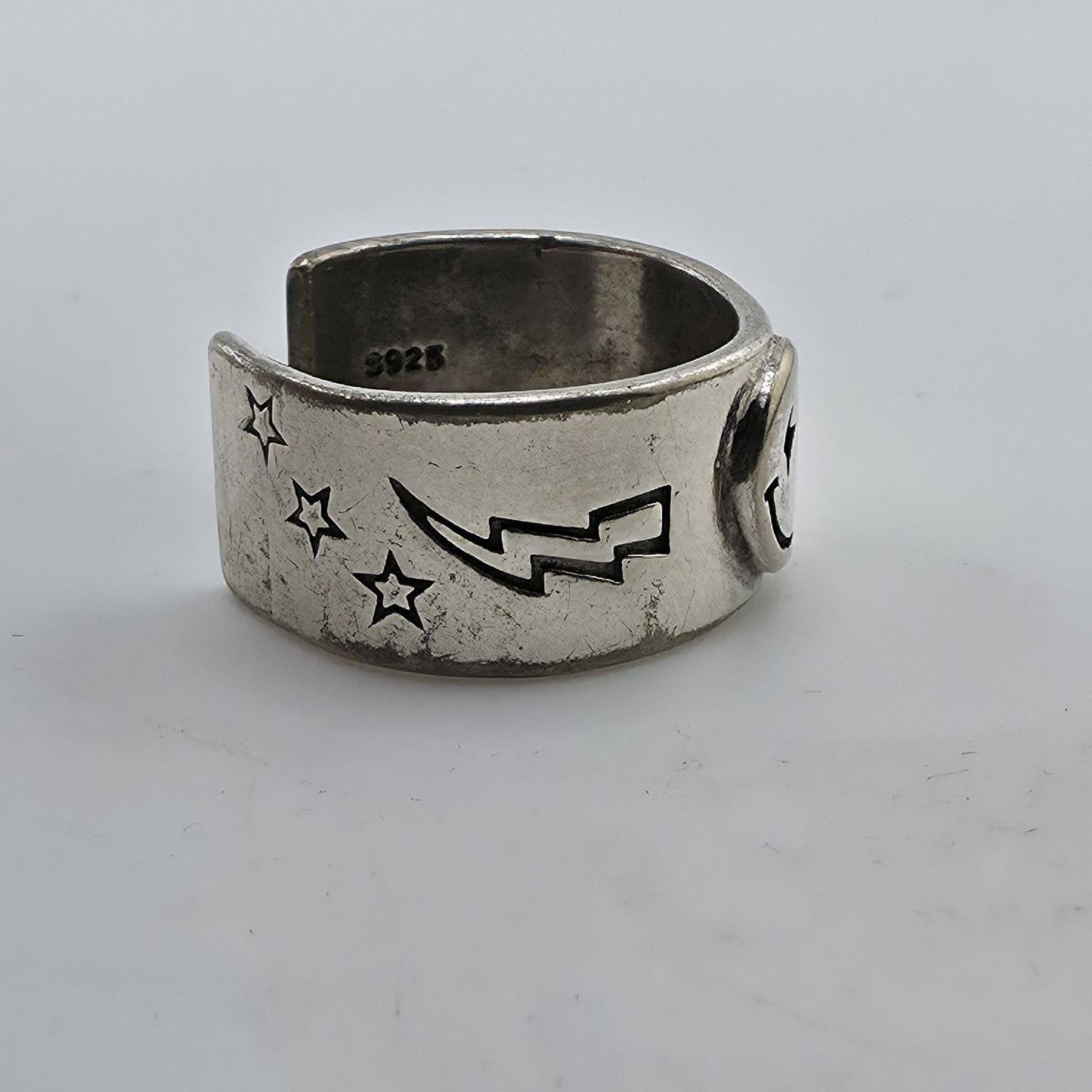 Sterling Silver 925 Smiley Face Ring Size 9 Wide Band Lightning Star Vintage