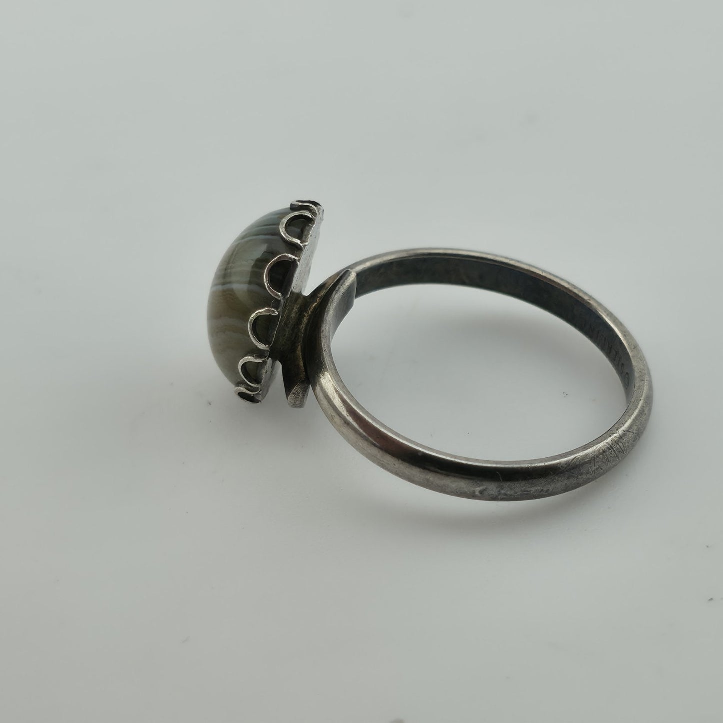 Vintage Sterling Silver Banded Agate Ring Adjustable Size 925 Statement Stone