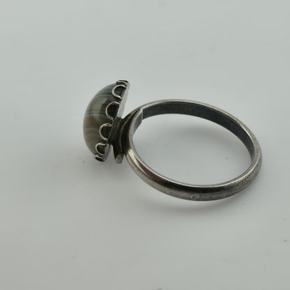 Vintage Sterling Silver Banded Agate Ring Adjustable Size 925 Statement Stone