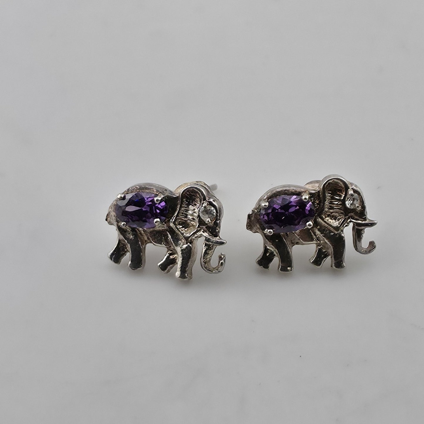 Vintage 925 Sterling Silver Elephant Stud Earrings Amethyst Purple Animal Jewelr