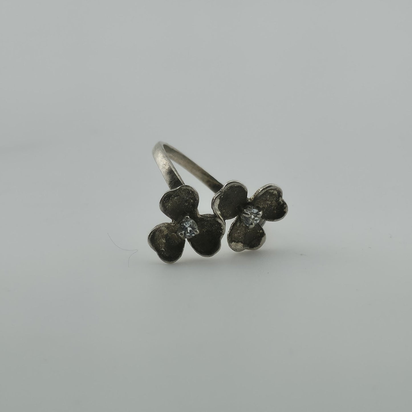 Sterling Silver Flower Ring Clear Stone Double Blossom 5.5 Vintage Patina 925