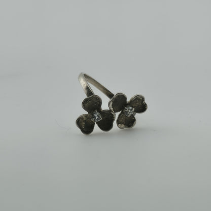 Sterling Silver Flower Ring Clear Stone Double Blossom 5.5 Vintage Patina 925