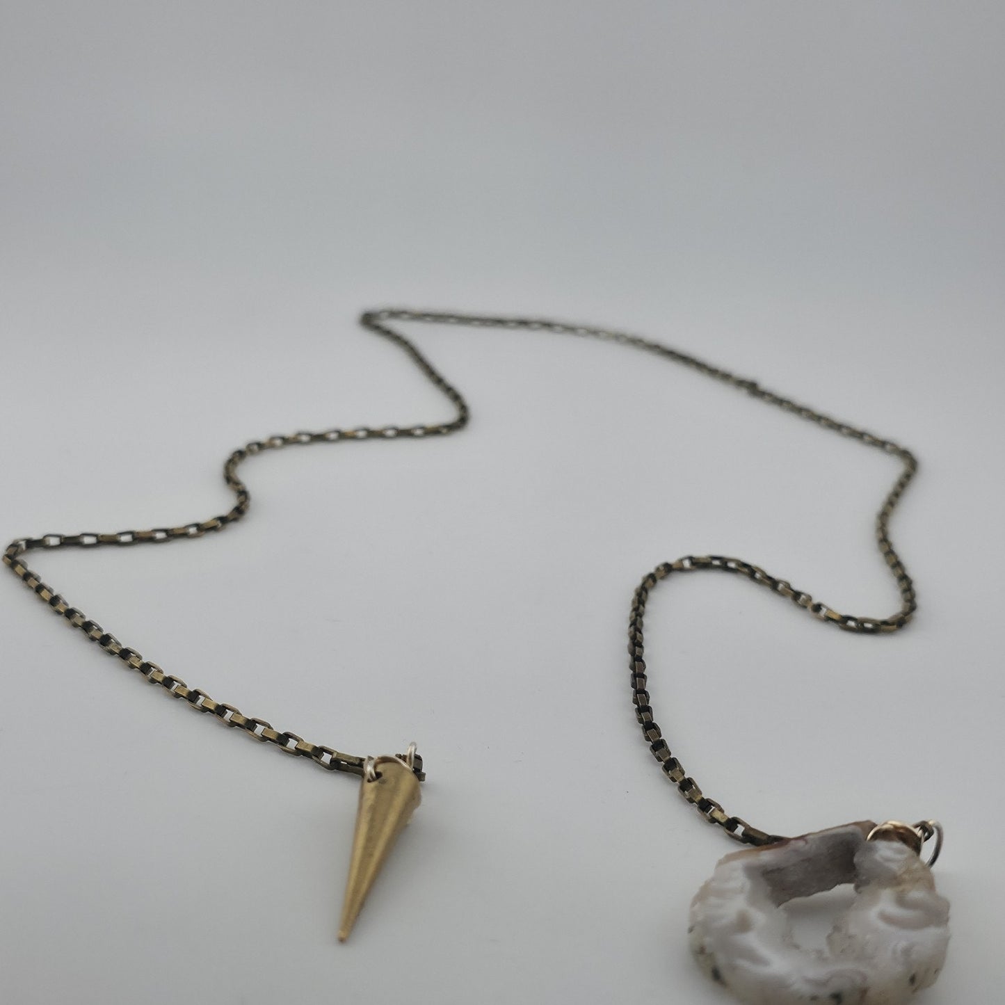Vintage Druzy Agate Geode Pendant Necklace Brass Spike Layered Boho Jewelry