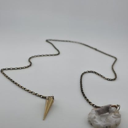Vintage Druzy Agate Geode Pendant Necklace Brass Spike Layered Boho Jewelry