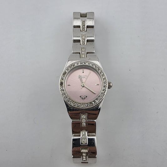 Vintage Roxy RX1090 Pink Dial Rhinestone Quartz Watch Womens Stainless Steel