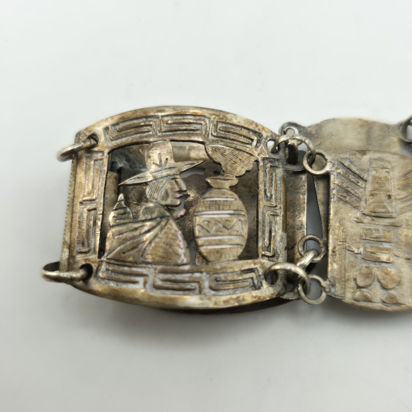 Vintage Sterling Peruvian Story Panel Link Bracelet Cultural Motif Design 15.5g