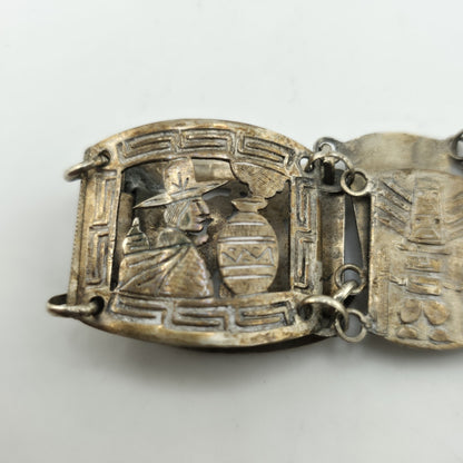 Vintage Sterling Peruvian Story Panel Link Bracelet Cultural Motif Design 15.5g