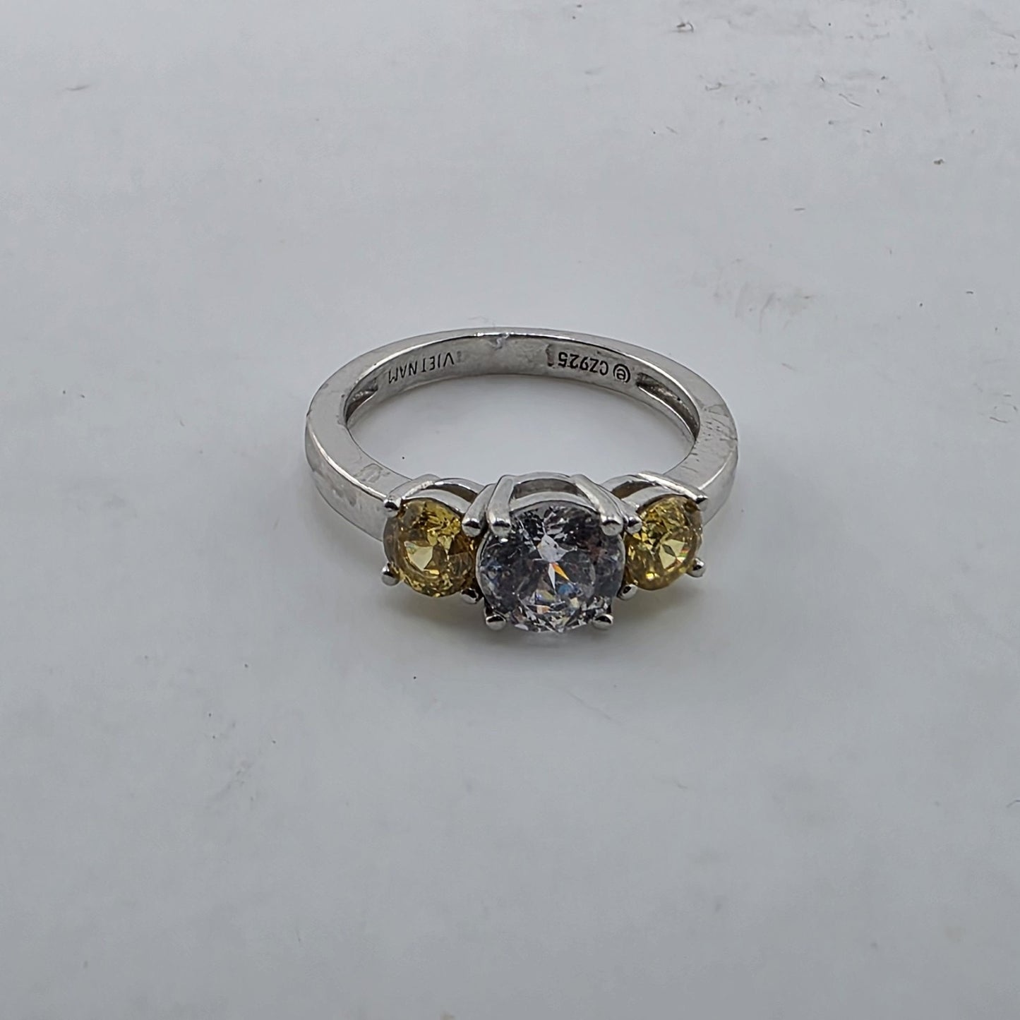925 Sterling Silver CZ Three Stone Ring Size 8.75 Clear Yellow Stones