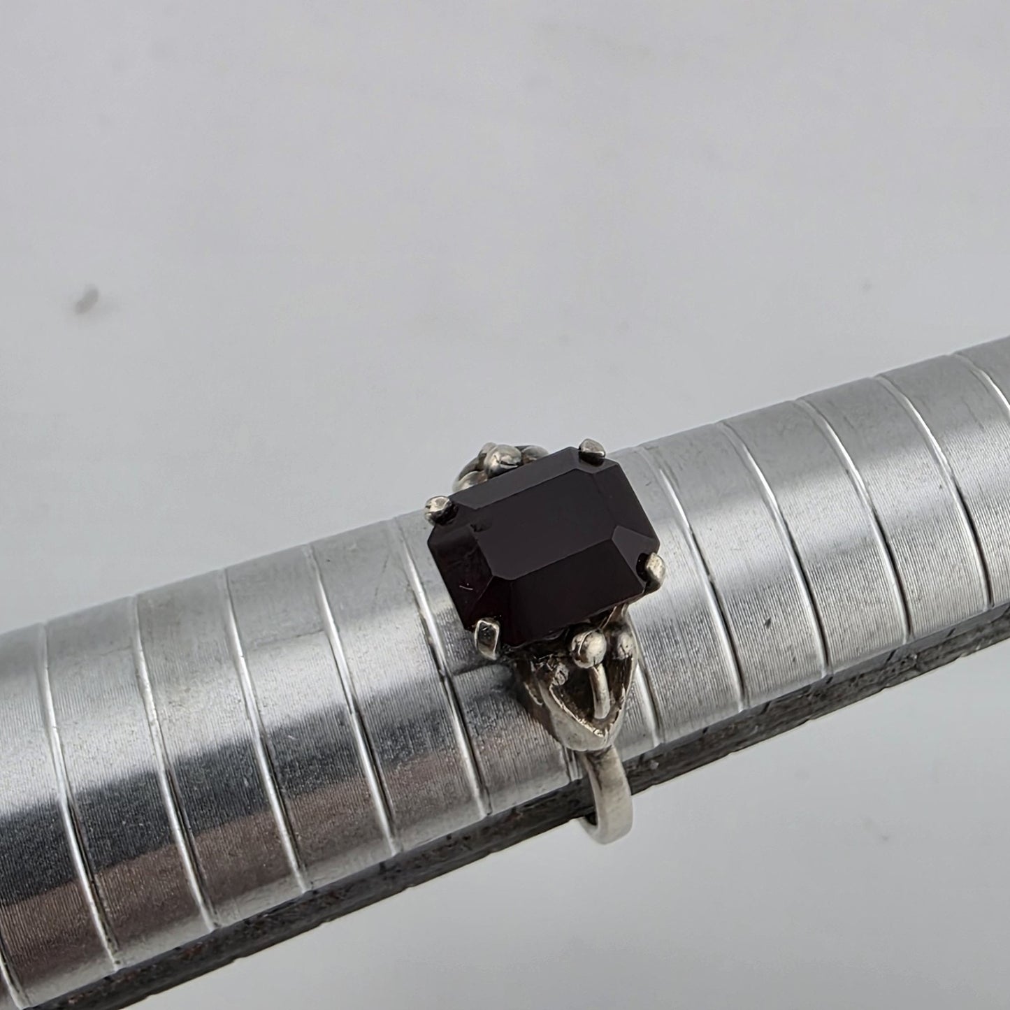 Vintage Sterling Silver Ring SARAH COVENTRY Emerald-Cut Garnet Solitaire 7.75