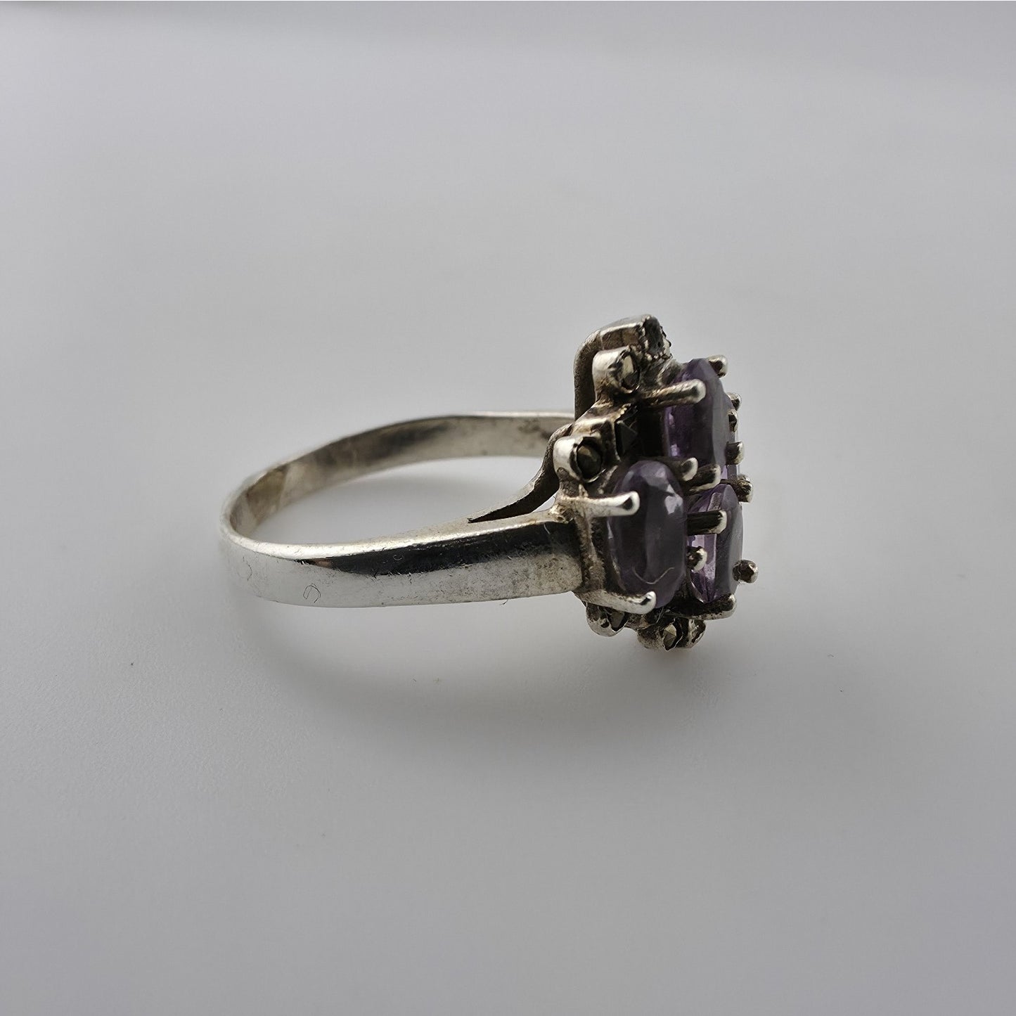 Sterling Silver Ring 925 Natural Purple Amethyst Cluster Ovals Statment 8.25
