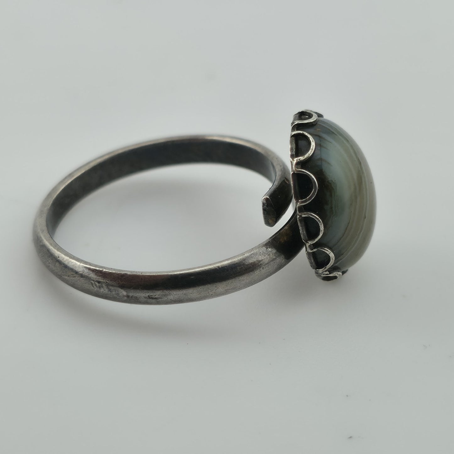 Vintage Sterling Silver Banded Agate Ring Adjustable Size 925 Statement Stone