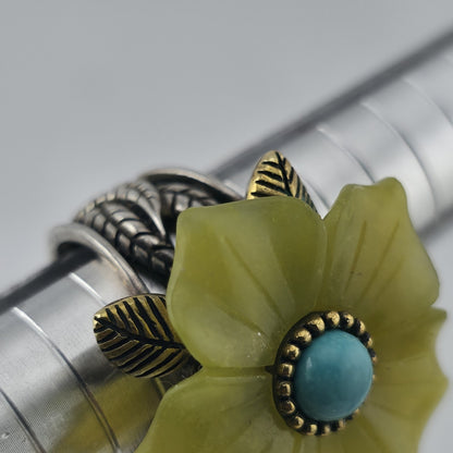 Sterling Silver Bronze Flower Ring Size 7 Yellow Floral Turquoise Cabochon 925