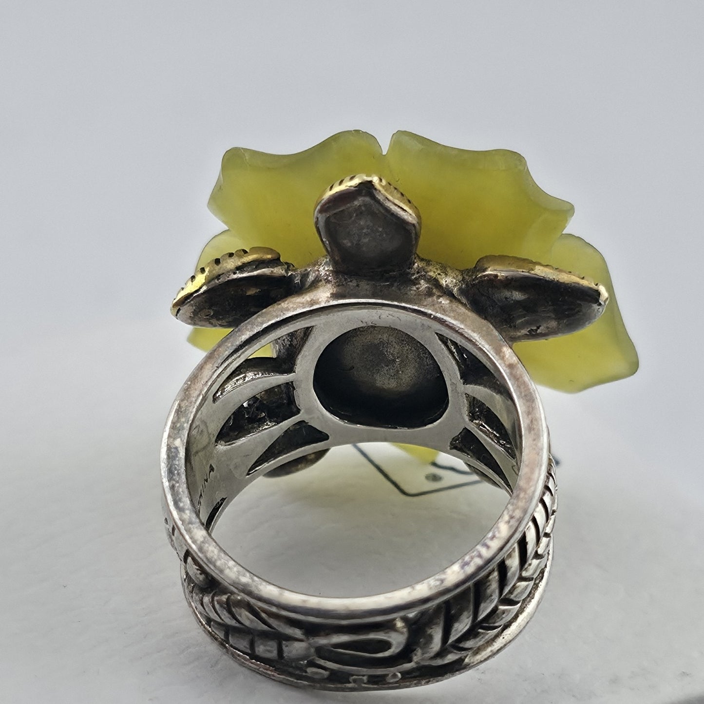 Sterling Silver Bronze Flower Ring Size 7 Yellow Floral Turquoise Cabochon 925