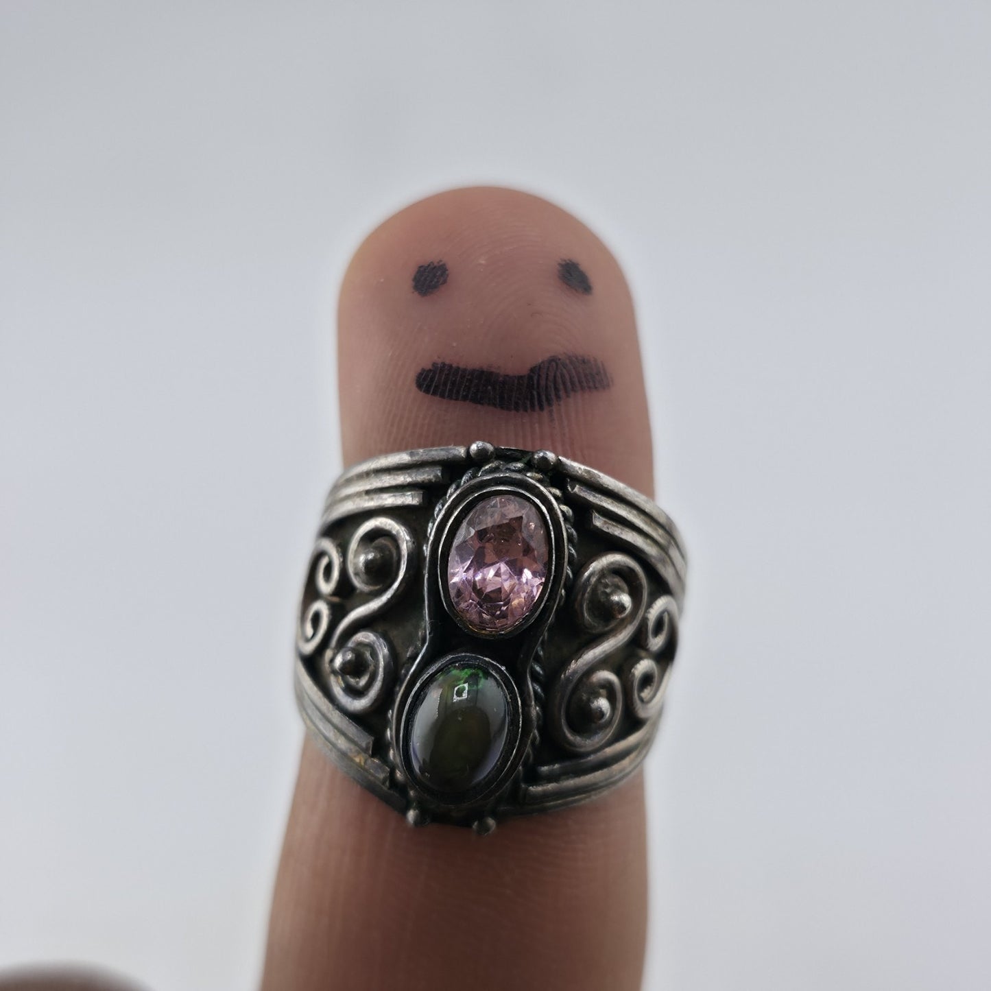 Vintage Sterling Silver Ring Pink Stone Opal Cabochon Filigree Size 8.75 925