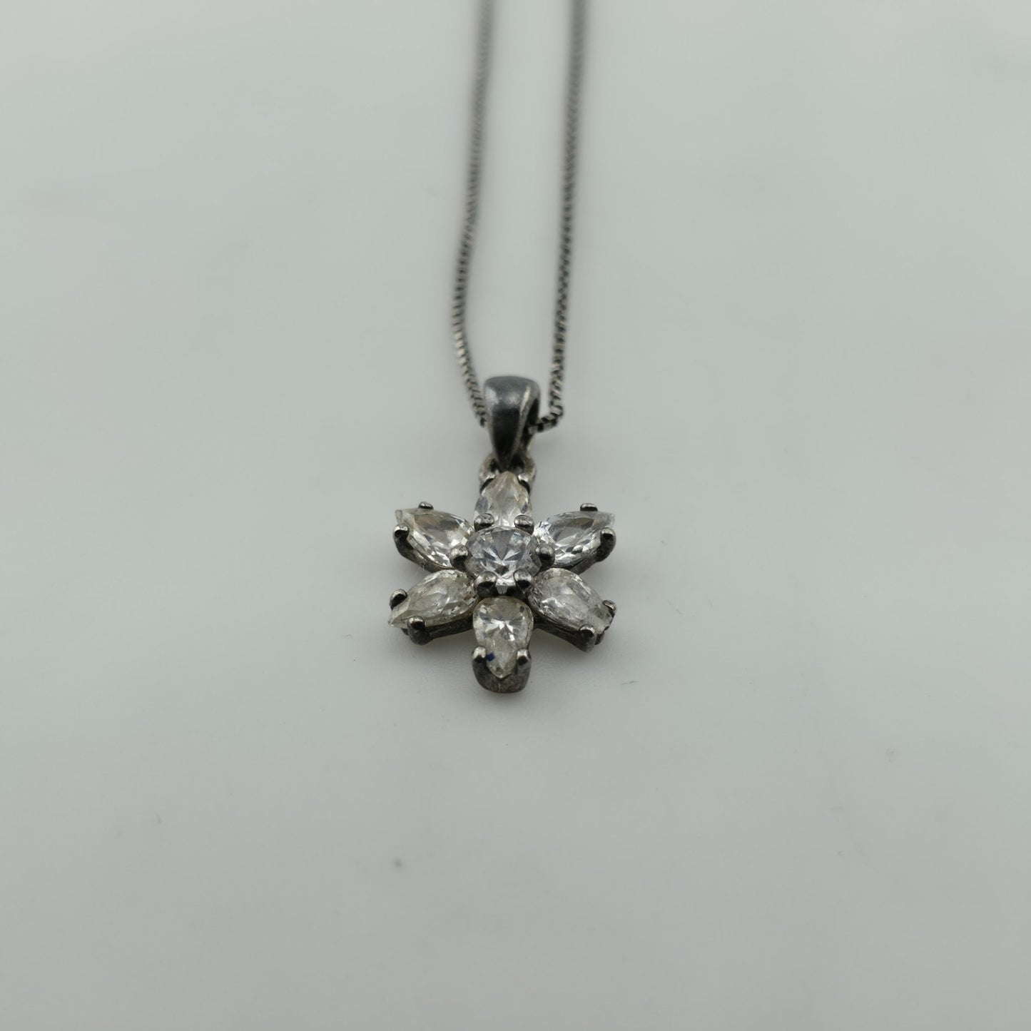 Sterling Silver 925 CZ Flower Pendant Necklace 18” Dainty Box Chain