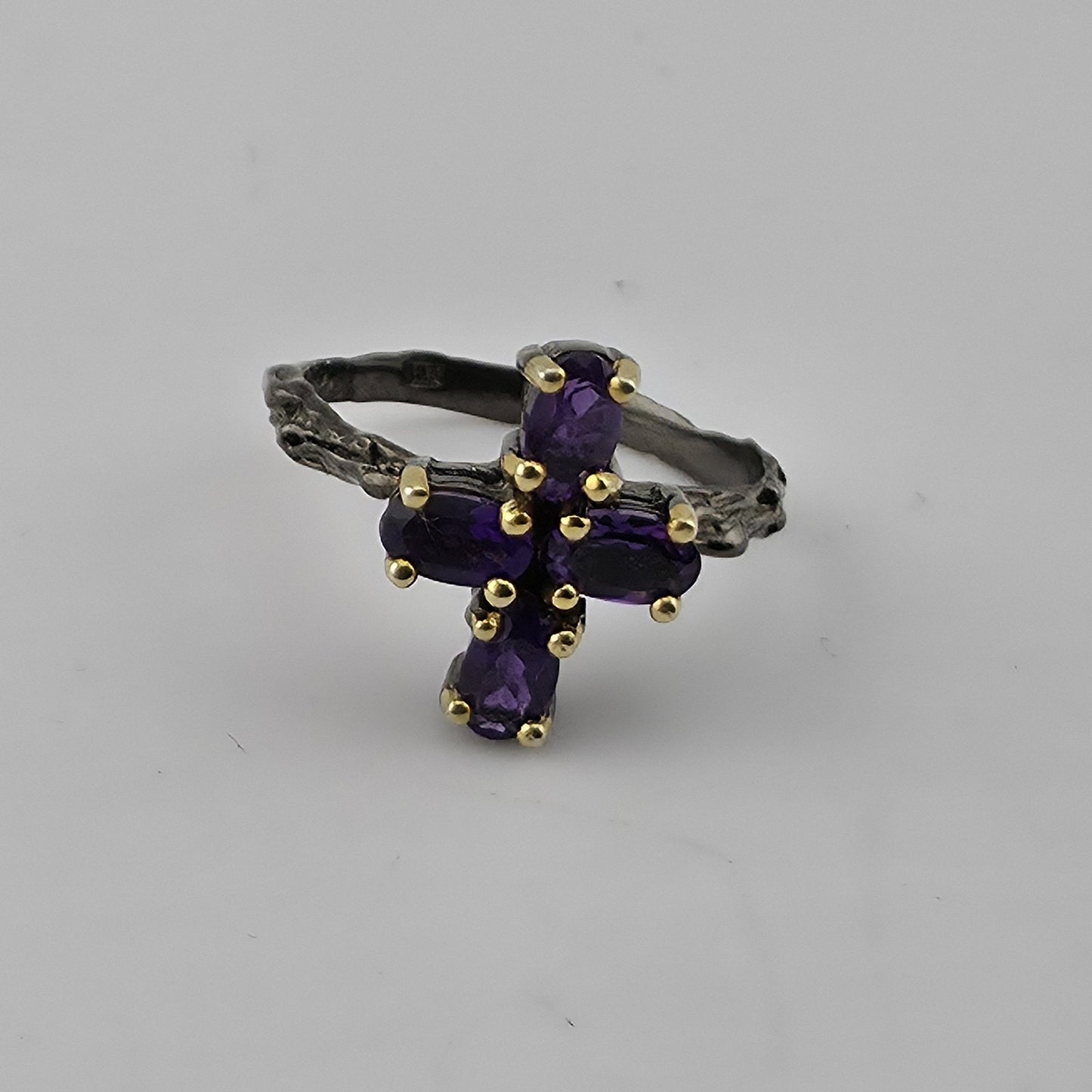 Sterling Silver Cross Ring Purple Amethyst Stones Artisan Organic Band Sz 6.75
